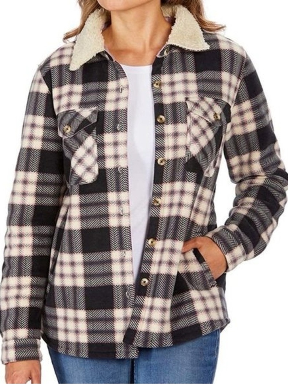 Soho threads women plaid fleece jacket push Sherpa lined shirt
